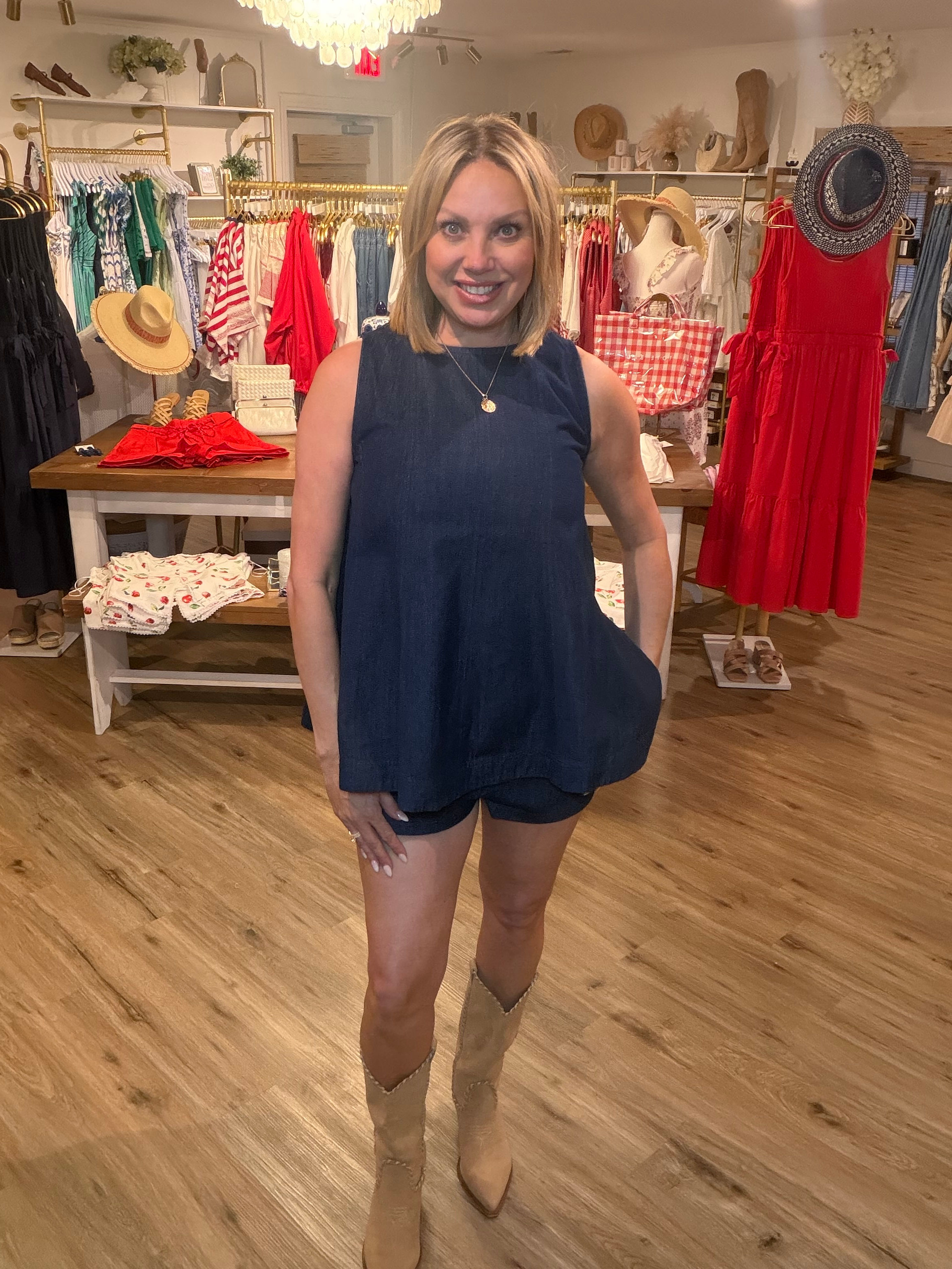 Denim Trapez Sleeveless Top And Shorts