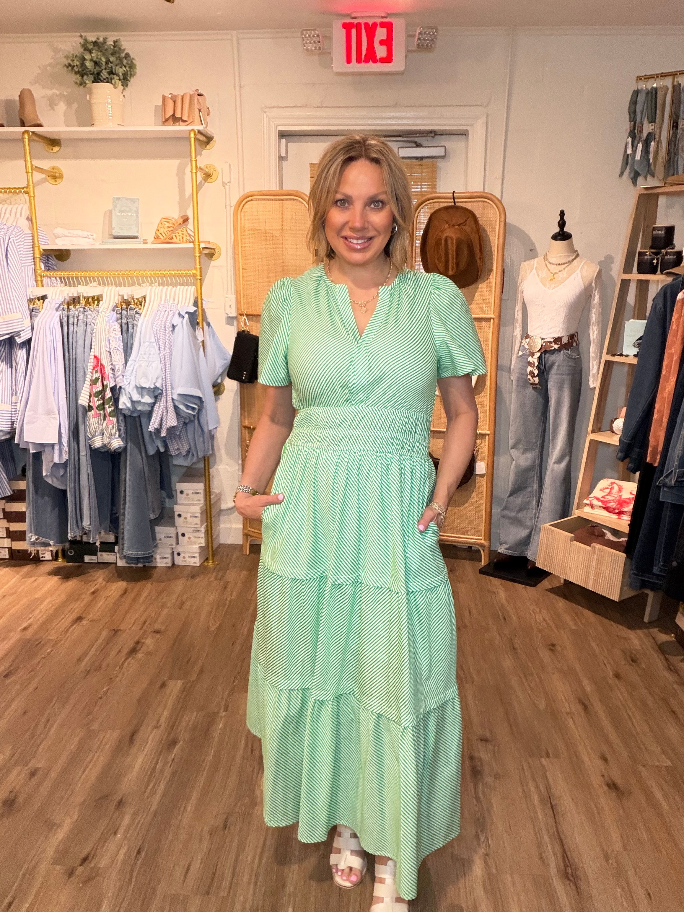 Green Stripe Tiered Detailed Waist Dress