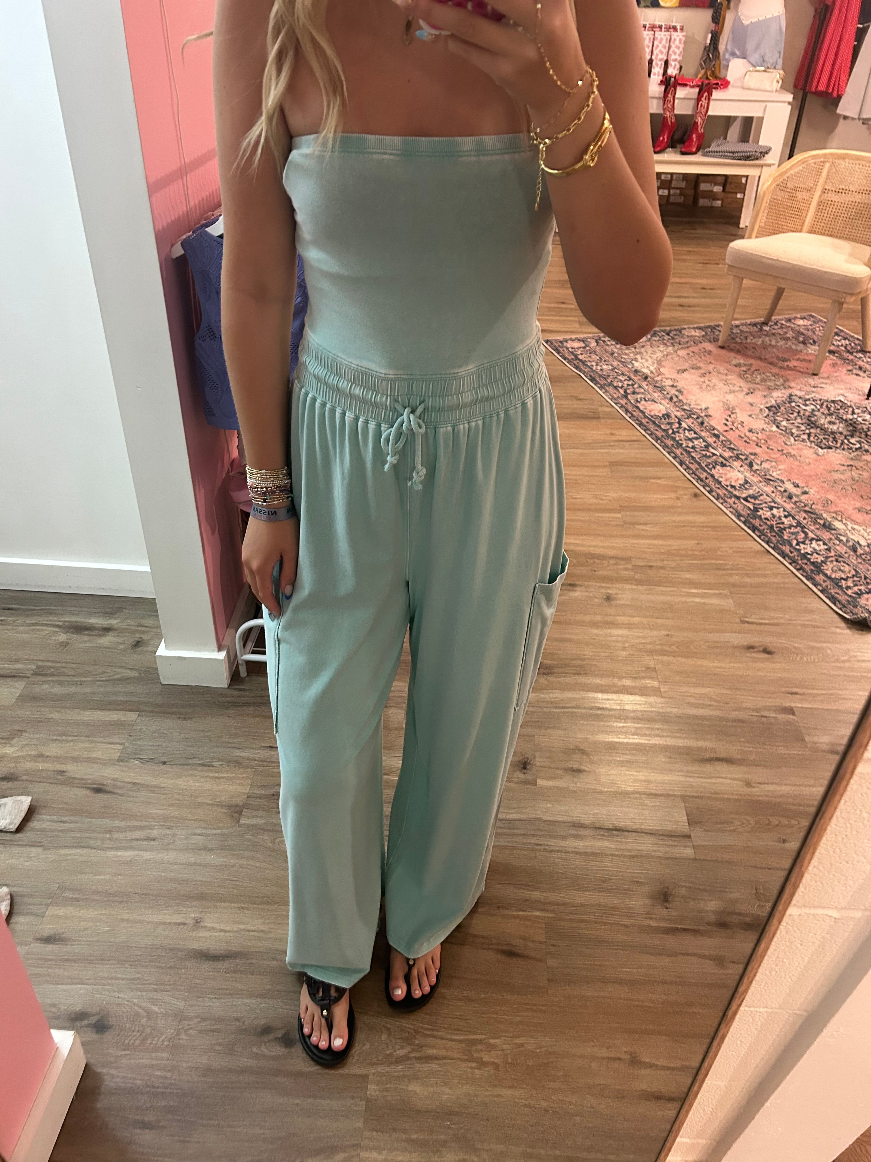 Turquoise Acid Washed Strapless Tube Top Jumpsuit
