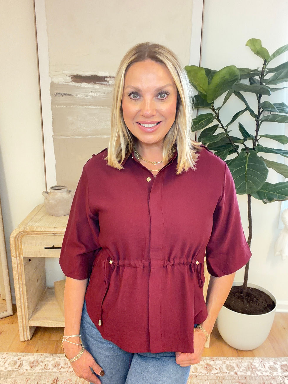 Thumbnail: Wine Button Up Side Tie Top