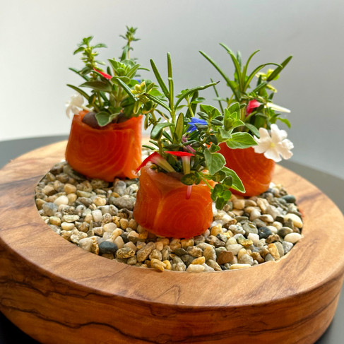 Michelin star finger food on a wood plate