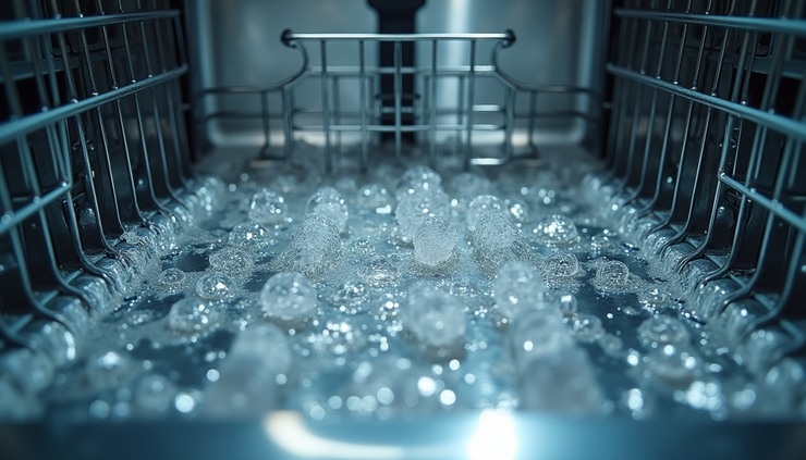 Vue en plongée d’un lave-vaisselle avec eau adoucie