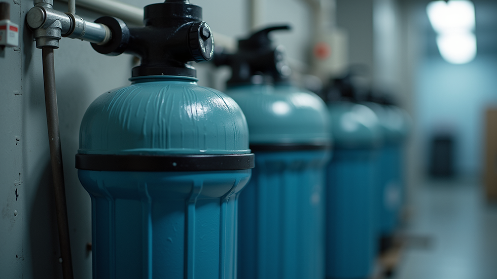 Close-up view of a water softener system with visible components