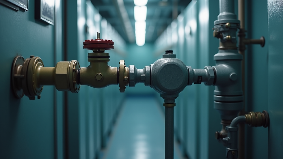 Close-up view of a water softener system with visible pipes and valves