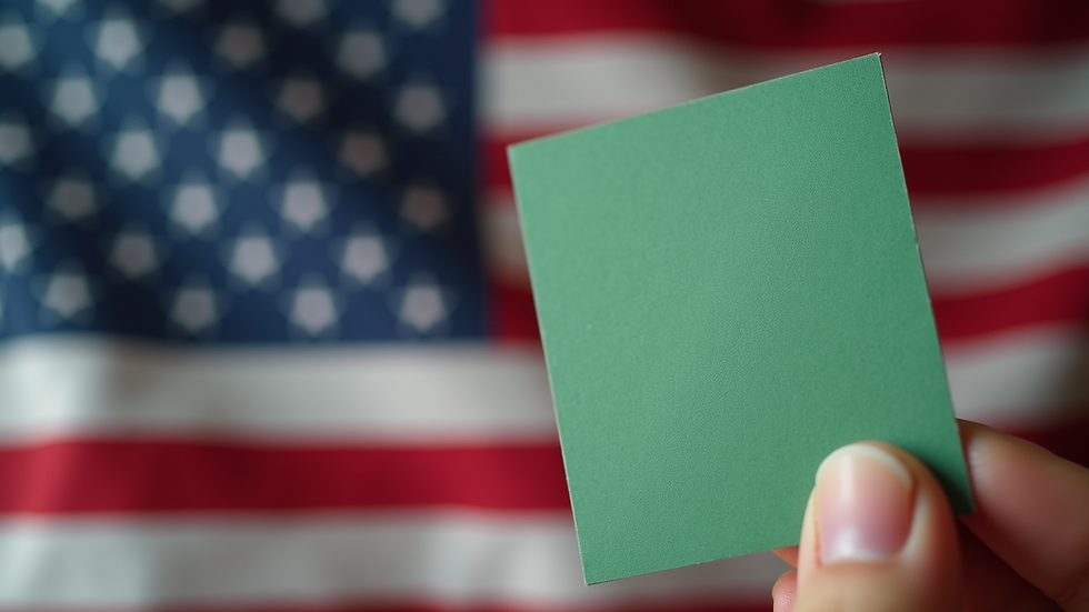 Close-up view of a green card with US flag background