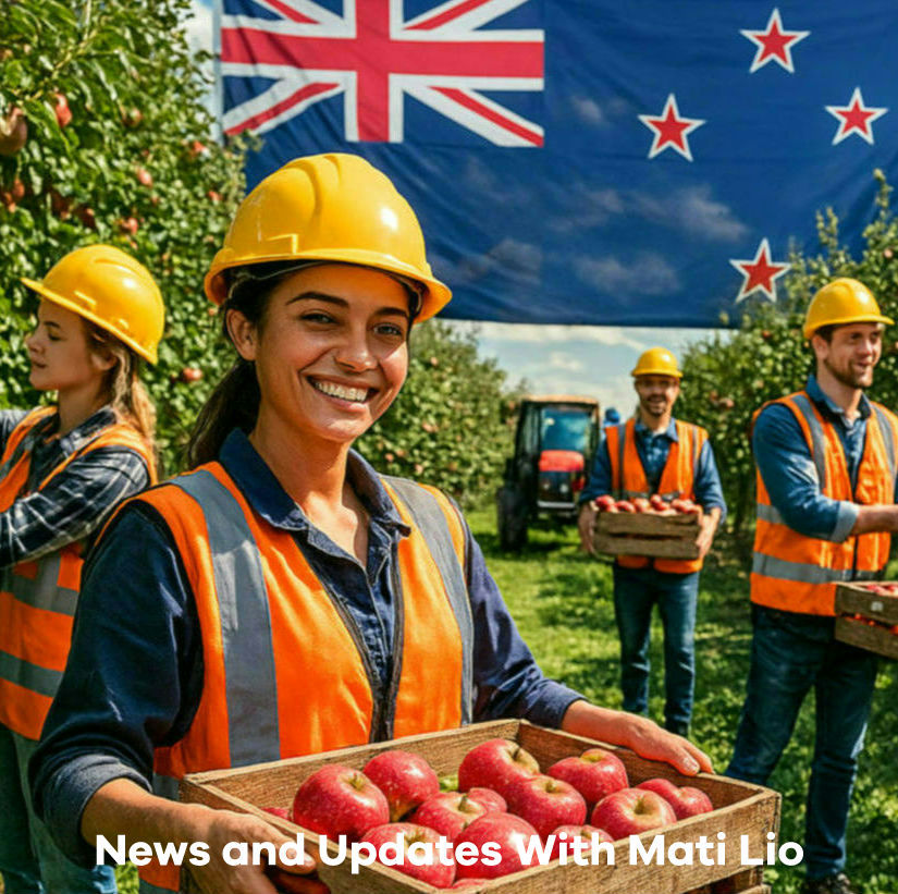 Seasonal workers harvesting apples in a New Zealand orchard under work visa program