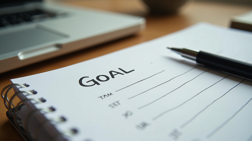 Eye-level view of a notebook with a goal-setting plan and a pen