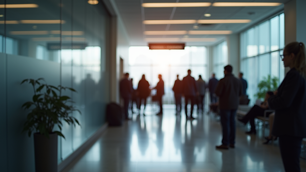 Eye-level view of a Canadian immigration office with people waiting