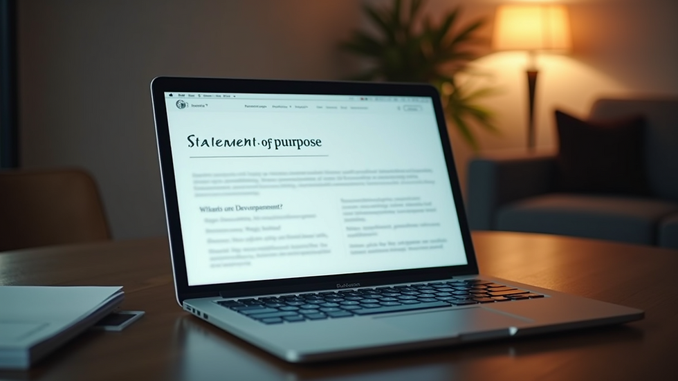 Eye-level view of a laptop with a draft of a statement of purpose on the screen