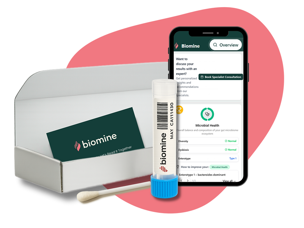Open Biomine Gut Health testing box containing a green instruction card, smartphone displaying an example gut health report, sterile swab, and a test tube.