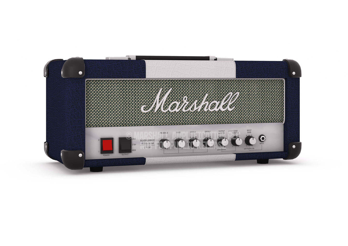 2525H amplifier 3D render, blue and white finish