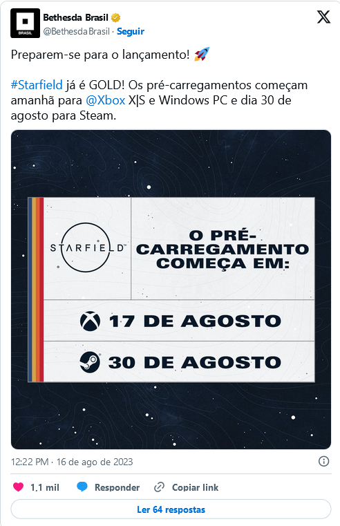 Starfield está pronto! Jogo alcança estágio gold e data de pré-carregamento é revelada