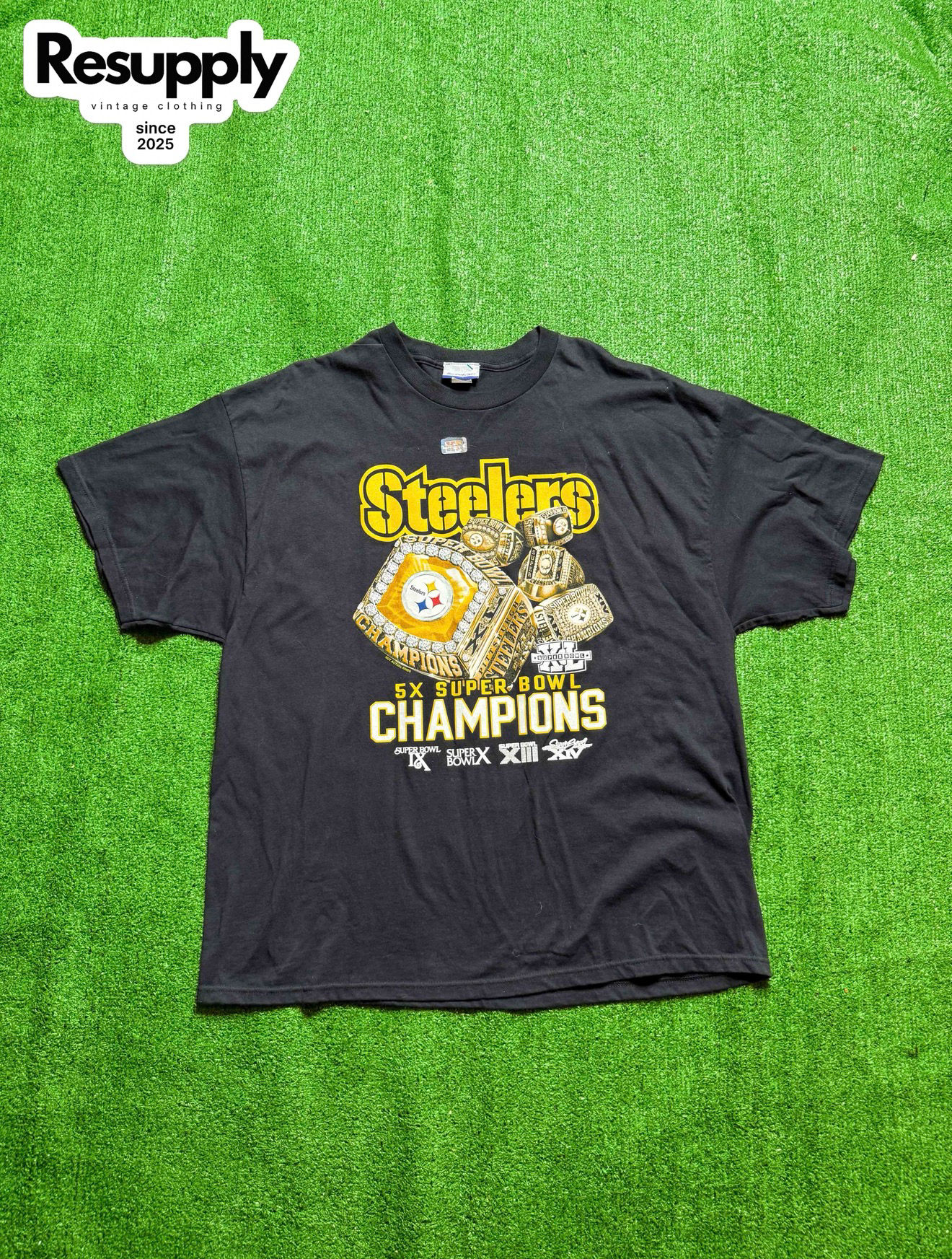 Reebok Pittsburgh Steelers 5X Super Bowl Champions Black Tee Men’s Size XL