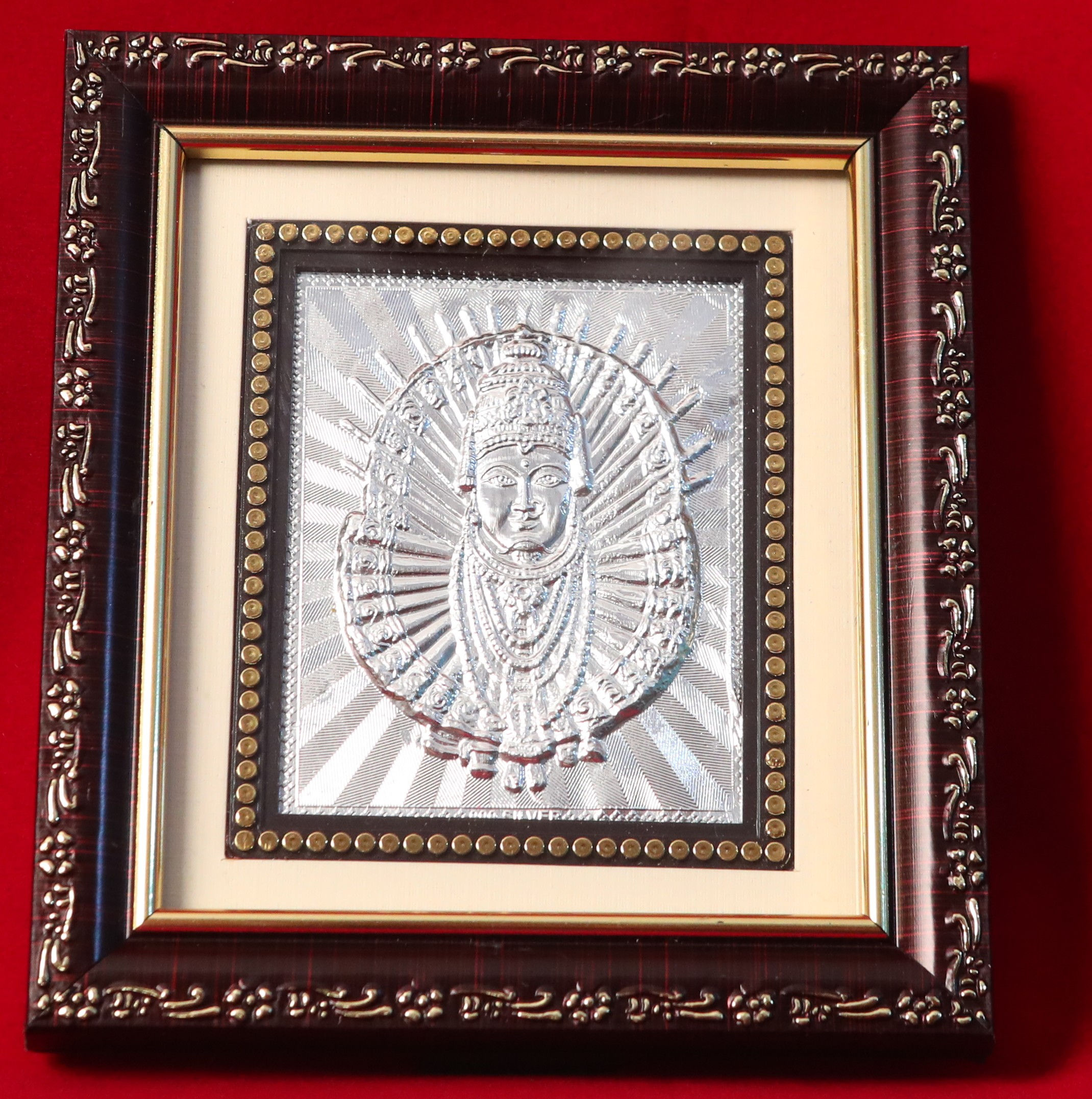 Silver Plated Goddess Yellamma (Broad Brown Frame Stand)