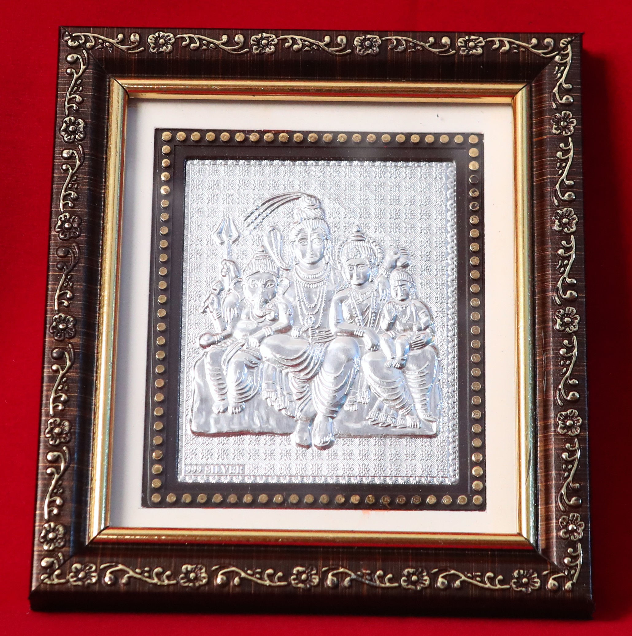 Silver Plated Lord Shiva Family (Broad Brown Frame Stand)