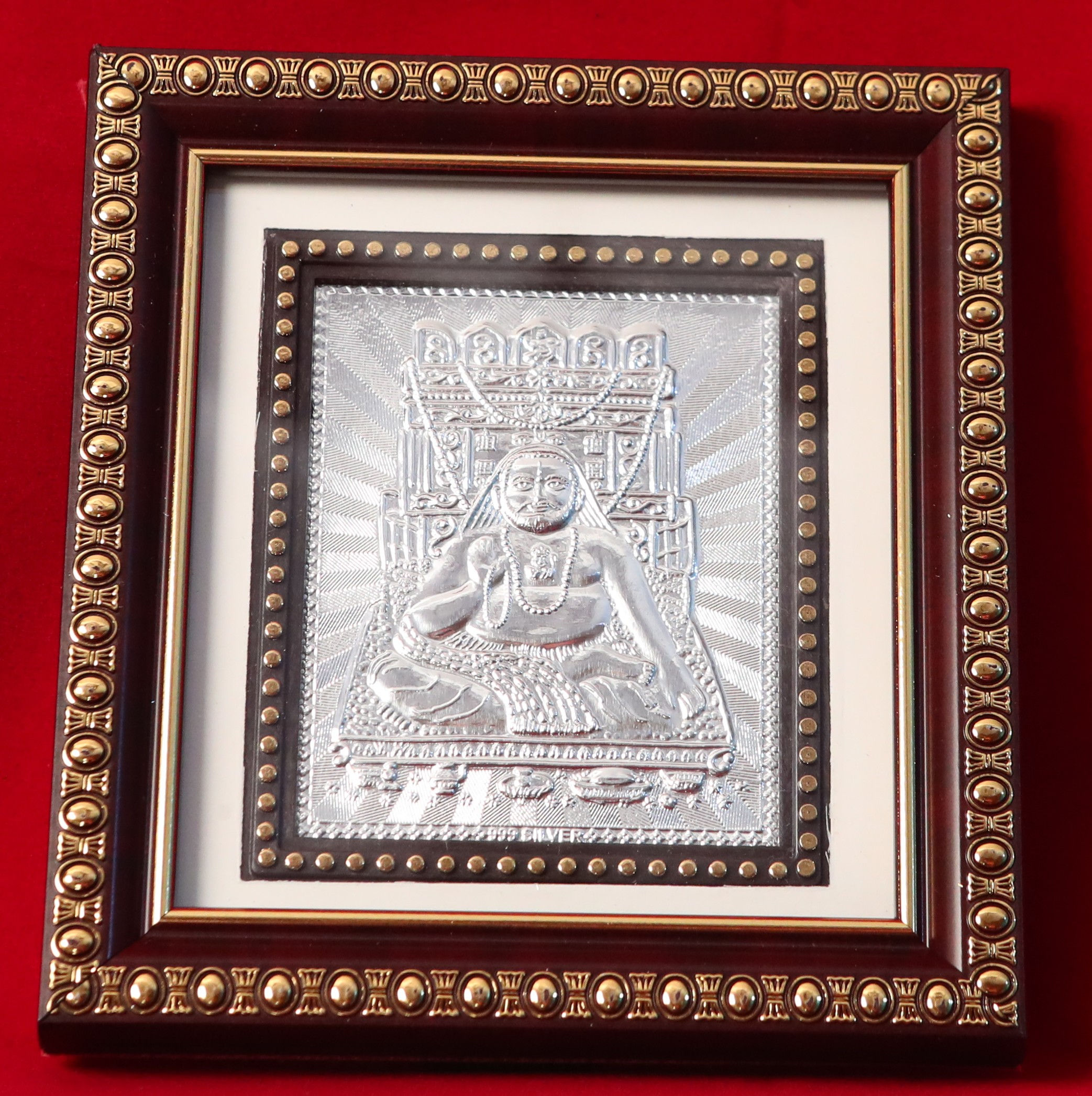 Silver Plated Shree Guru Raghavendra Swamy (Broad Brown Frame Stand)