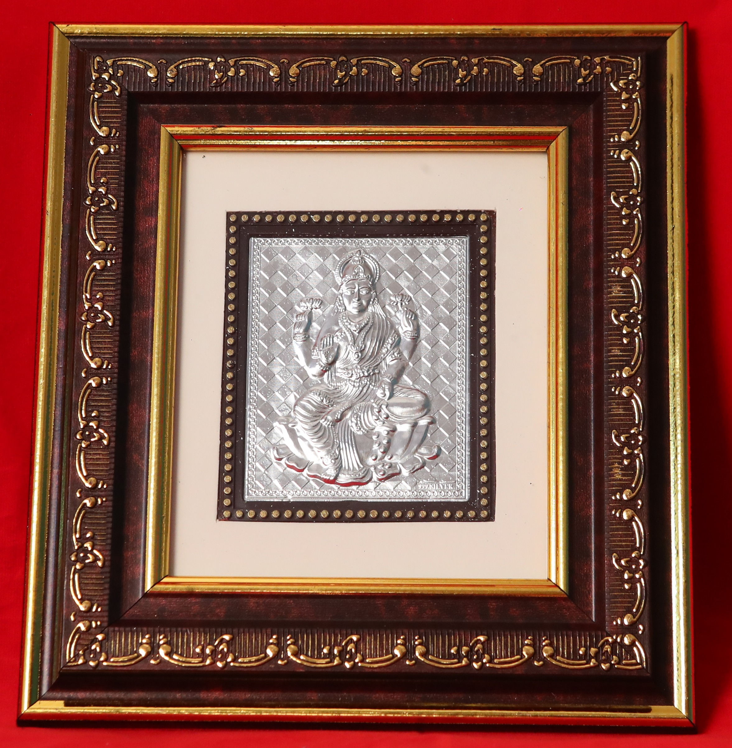 Silver Plated Goddess Lakshmi (Golden Border Brown Frame)