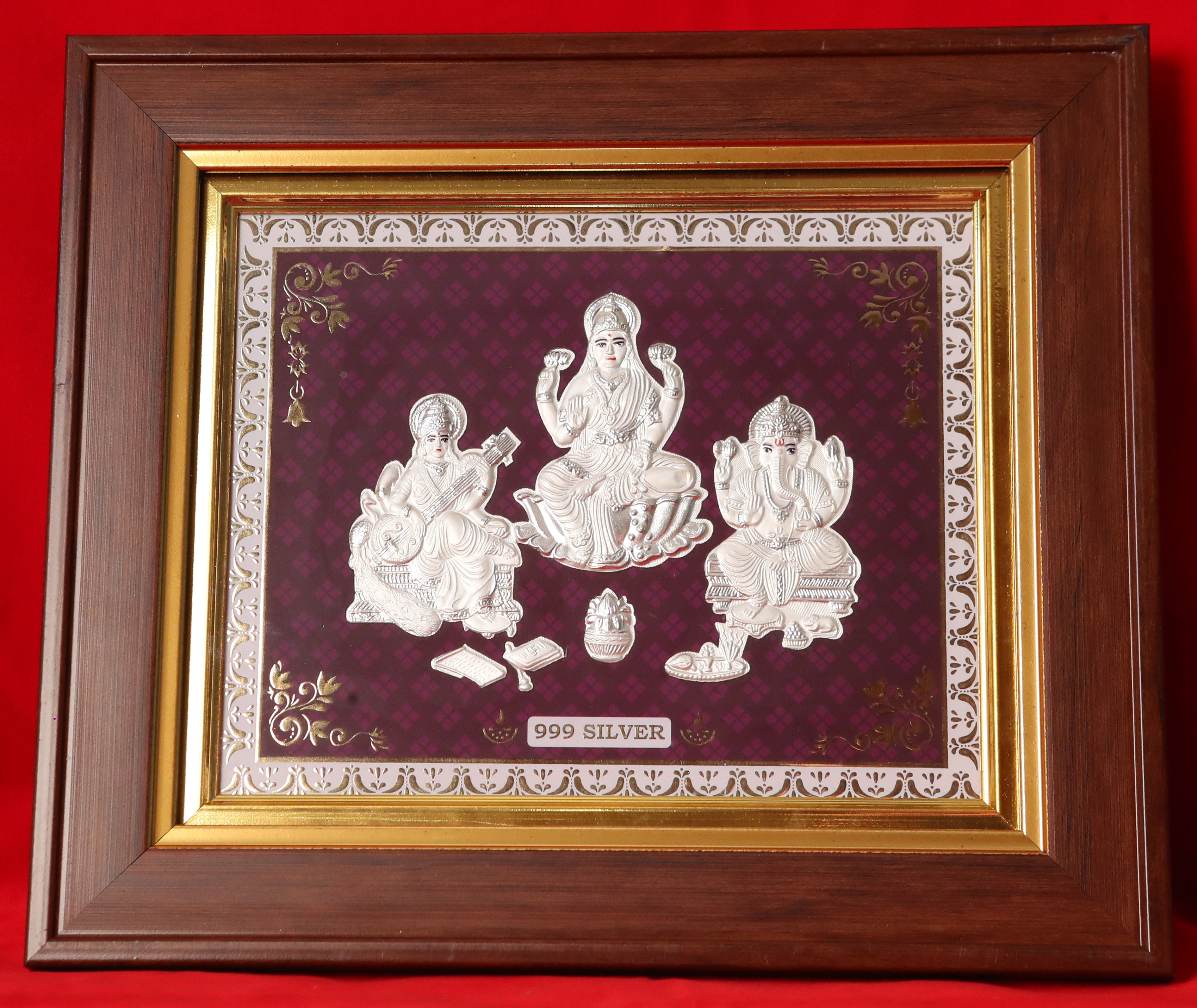 Silver Plated Lakshmi, Saraswathi & Ganesha (3-in-1 Frame)