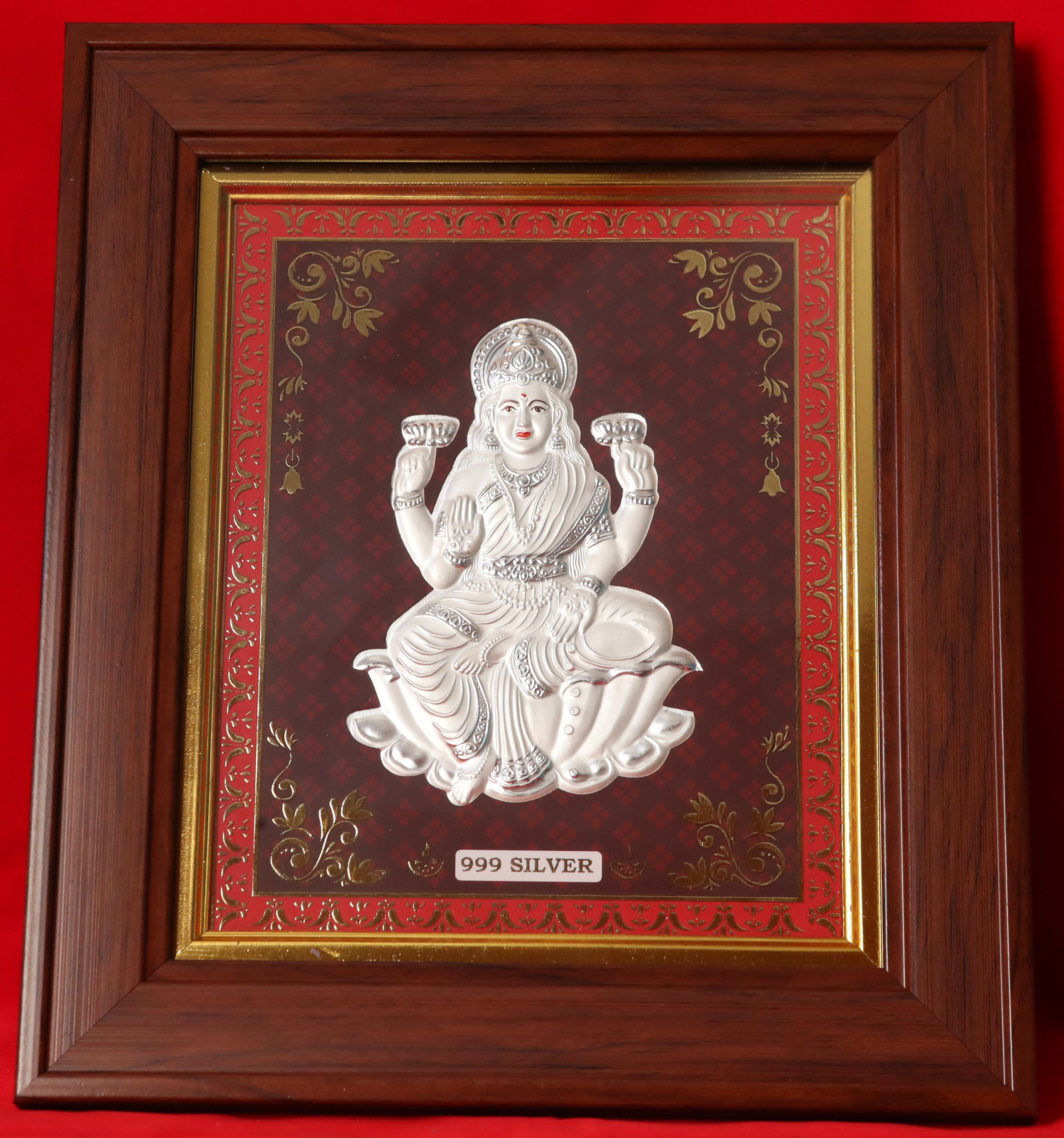 Silver Plated Goddess Lakshmi on Lotus (Broad Brown Frame Edition)