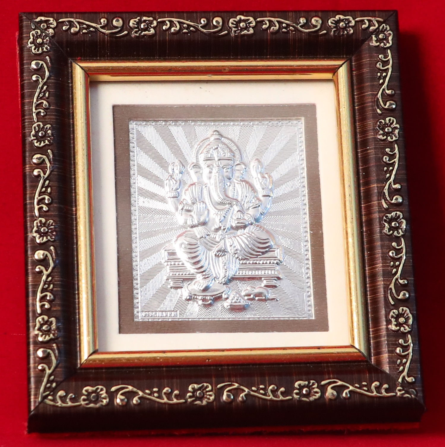 Silver Plated Lord Ganesha (Golden Border Brown Frame)