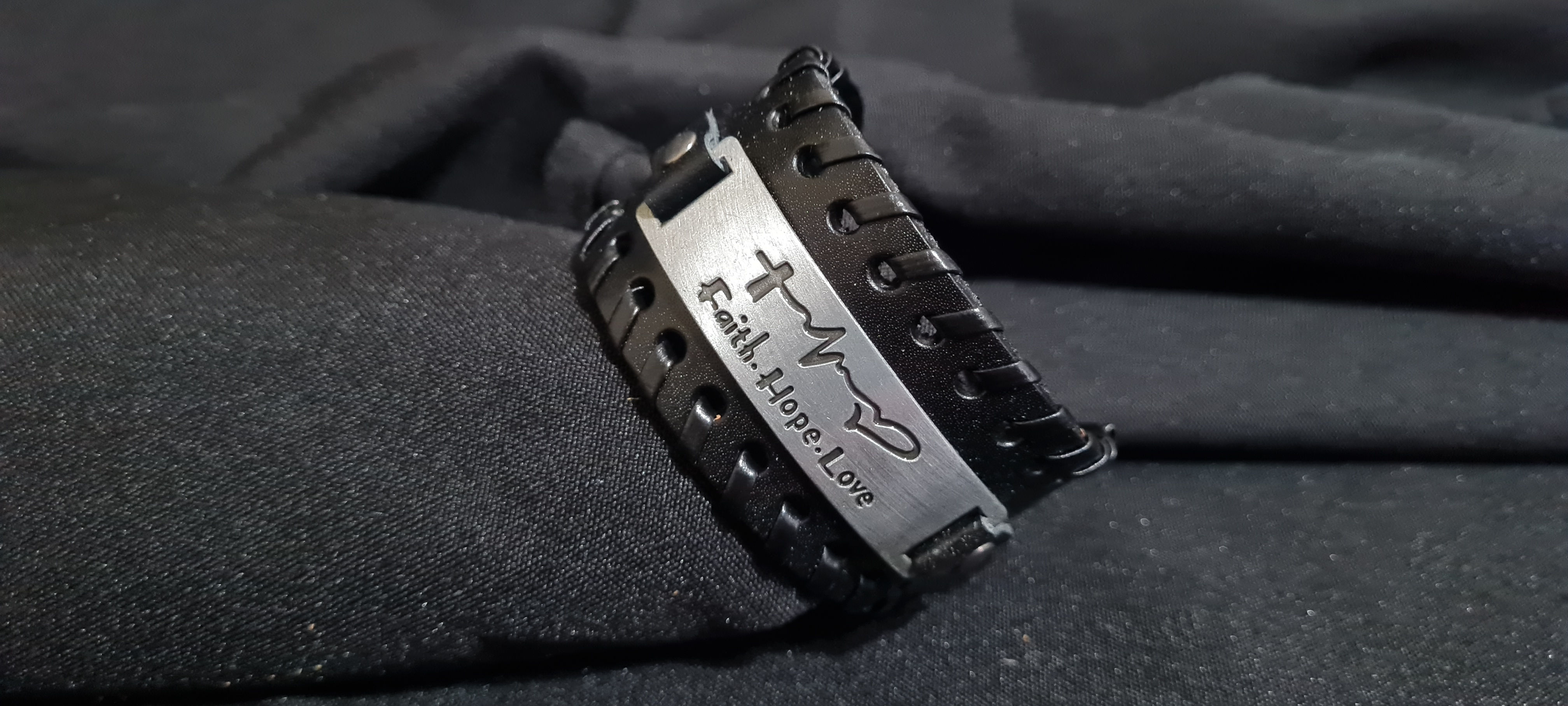 Leather Bracelet, Wide-Black, with Stitched edge and engraved metal bar: Faith H