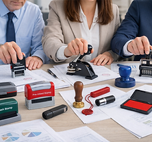 Carimbos personalizados, modelos automáticos e de madeira, com base ergonômica e área de impressão nítida. Os carimbos aparecem organizados, alguns em uso sobre papel, evidenciando legibilidade, padronização e uso profissional em documentos, controles e identificação.