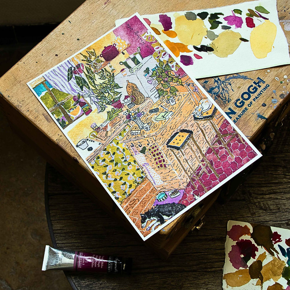 aquarelle pates au poireau laura rachez tirage d art pose sur table d atelier