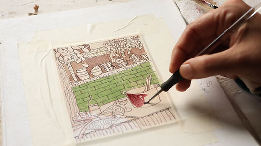 La mise en couleur d'un détaille d'une aquarelle au pinceau