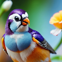 "Realistic AI bird with teal and orange feathers resting on a vivid pink flower"