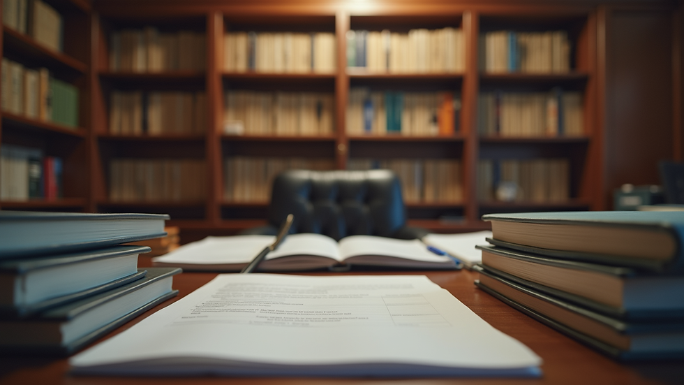 Eye-level view of a law office with books and legal documents
