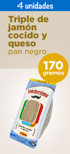 Cuatro unidades de jamón y queso con pan negro.