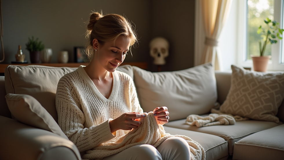 Close-up view of a crochet instructor teaching in a cozy living room