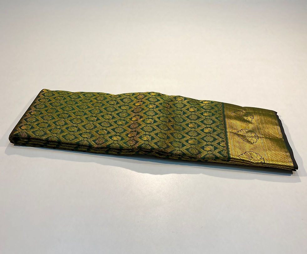 Thumbnail: 
1 gram pure zari,
Gold zari used all over saree,
Green color ful