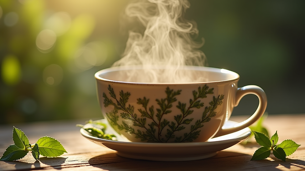 Close-up view of a steaming cup of herbal tea with fresh herbs
