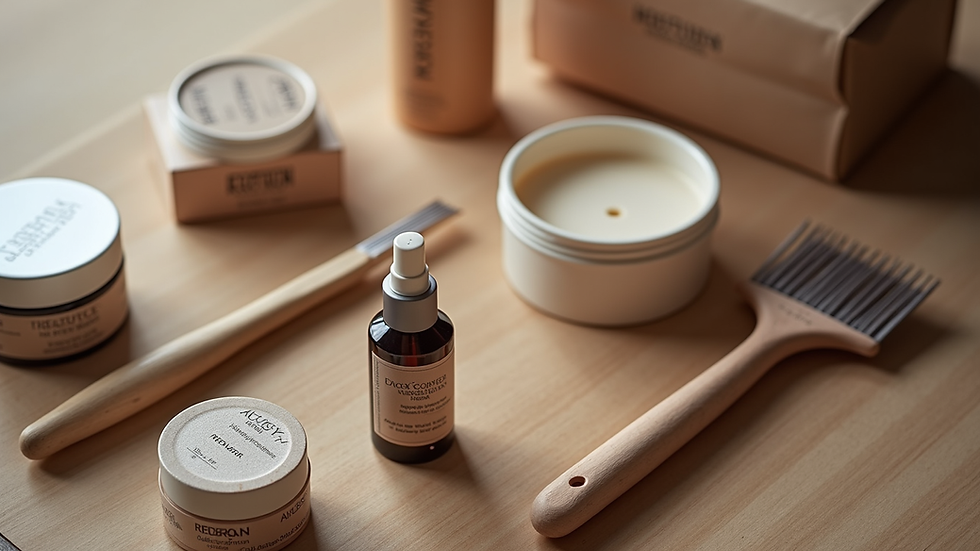 High angle view of hair care products and tools for hair system maintenance