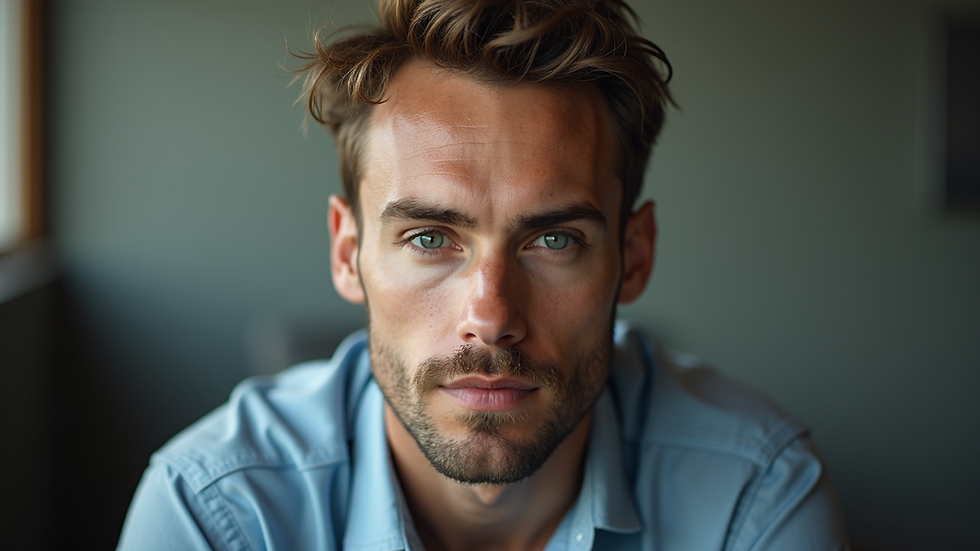 Eye-level view of a man looking confident with a full head of hair