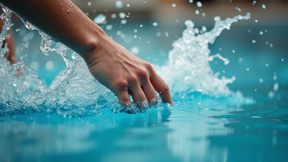 Close-up view of swimmer's hand entering water during freestyle stroke