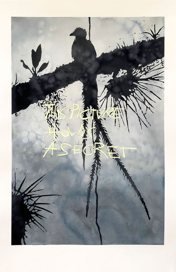 I'm Holding on Vega Tonight, black ink and phosphorescent paint on watercolour paper. Visual poetry in a combination of image and text by artist Paolo Giardi.