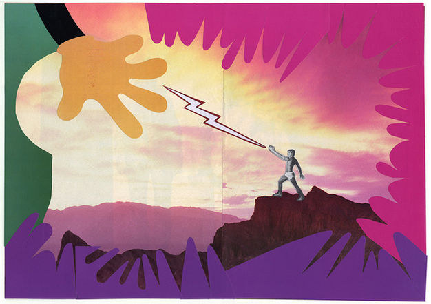 Art de Vivre, magazine cutting, vintage photographic print and cut paper on paper. Series of collages exploring the juxtaposition of Superhuman  and Clown. Artwork by artist Paolo Giardi.