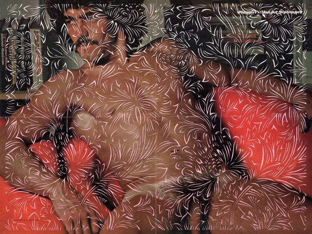 Opus Playgirlum, Morris & Co. Chrisanthemum Toile  design cut out of Playgirl original center fold by Paolo Giardi.