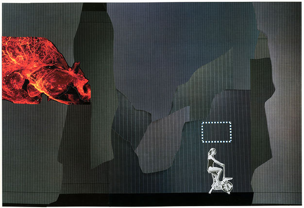 A lady on exercise bike  is trying to escape a fire explosion in a collage of cuttings and photographic vintage prints by Paolo Giardi.