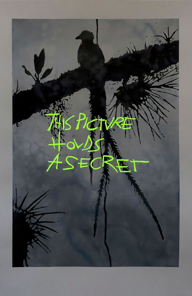 I'm Holding on Vega Tonight, black ink and phosphorescent paint on watercolour paper. Visual poetry in a combination of image and text by artist Paolo Giardi.