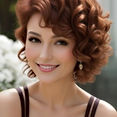 Woman with short curly auburn hair and makeup.