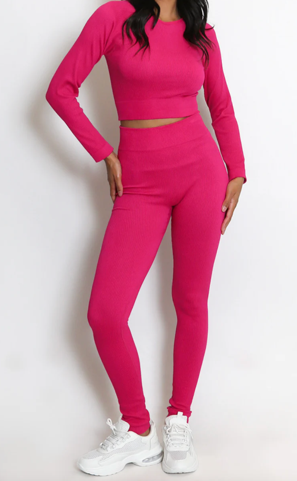 Pink Ribbed Long Sleeve Top and Legging Set