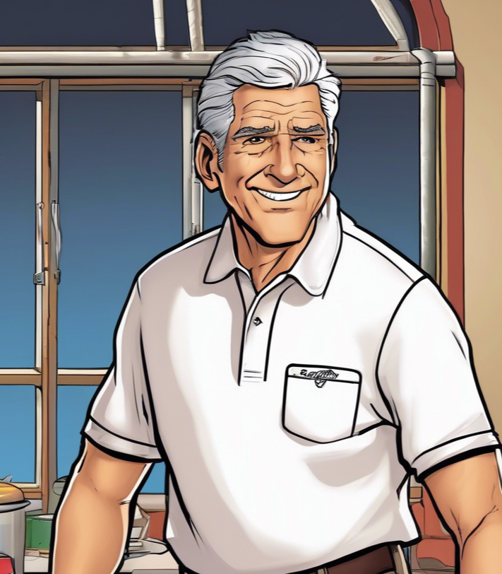 paint a 60 year old gray haired technician. He is wearing a polo shirt with a searay logo.