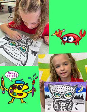 artsmart art kids children classes near me owl charcoal pastel drawing painting clay sculpture