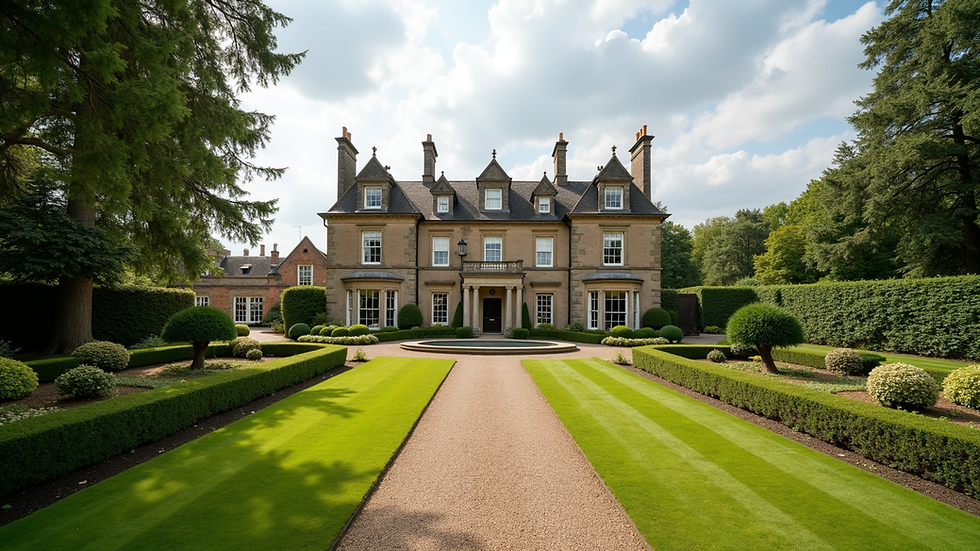 Wide angle view of an elegant historic mansion wedding venue with manicured gardens