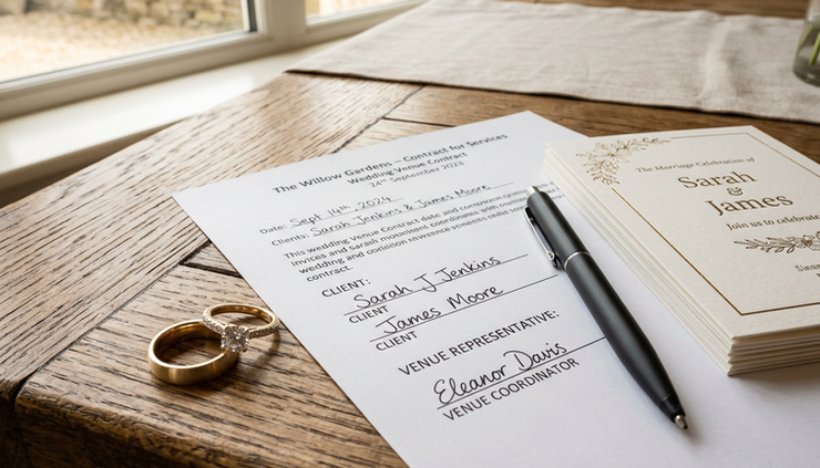 Close-up of wedding rings beside a signed venue contract and pen.