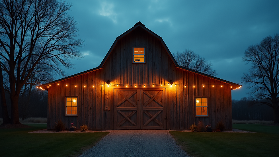 Wide angle view of a rustic barn with string lights at dusk