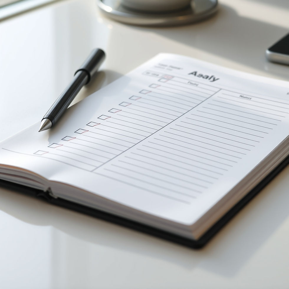 An open notebook tracker with checkmark columns and a pen resting on the page, representing a daily sales activity tracking system